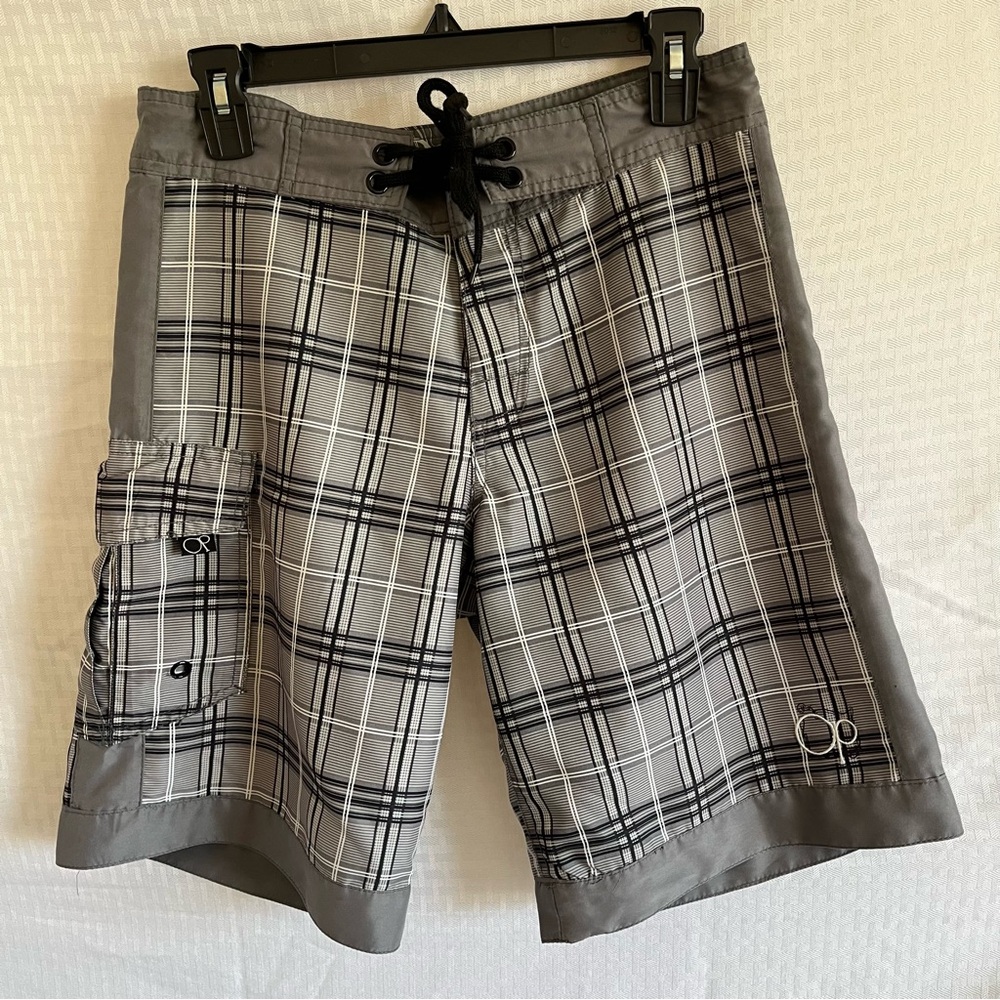 Men’s OP Ocean Pacific Board Shorts Gray Plaid Size 30 Waist
